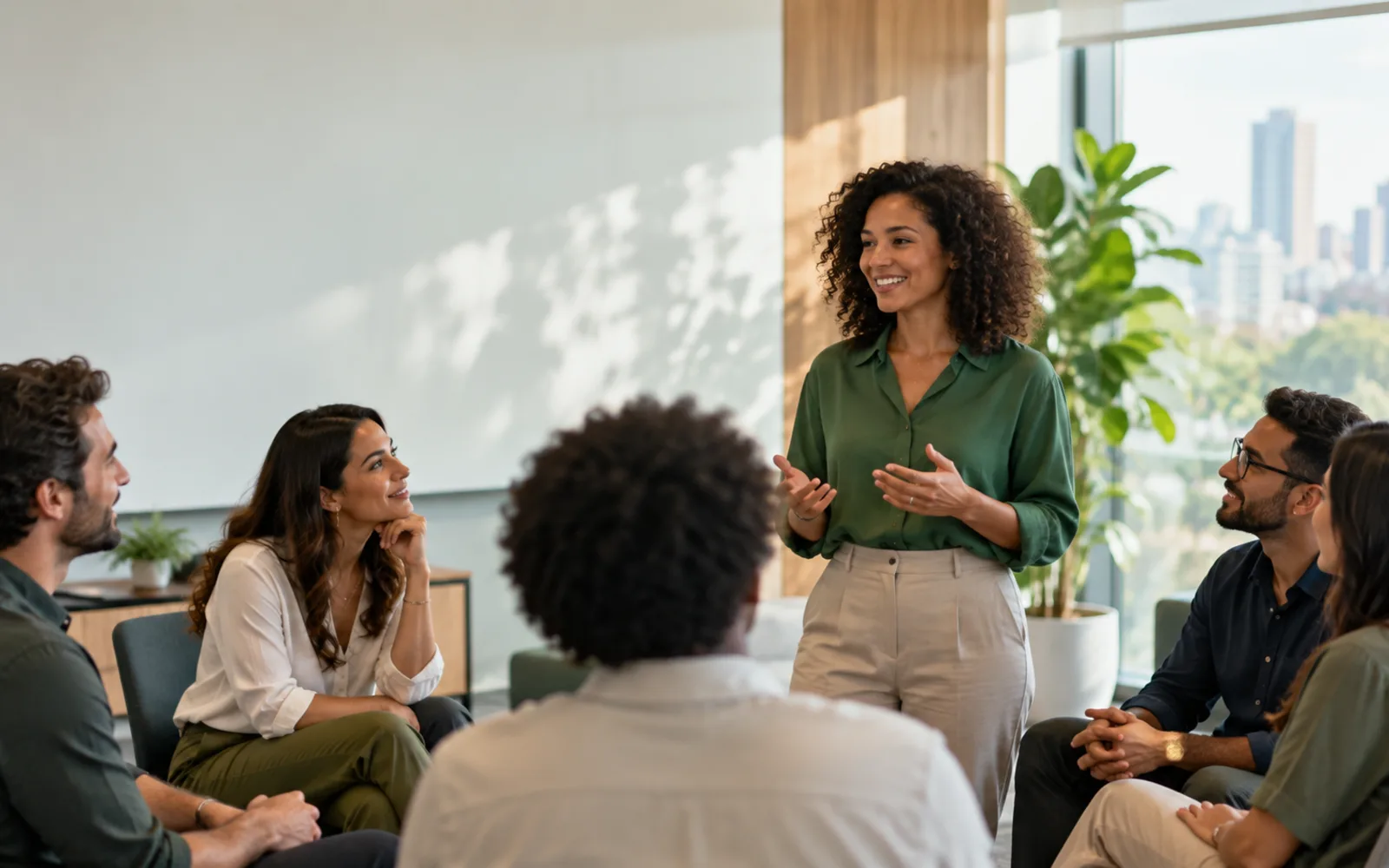 Equipe em encontro corporativo sobre desenvolvimento e saúde mental