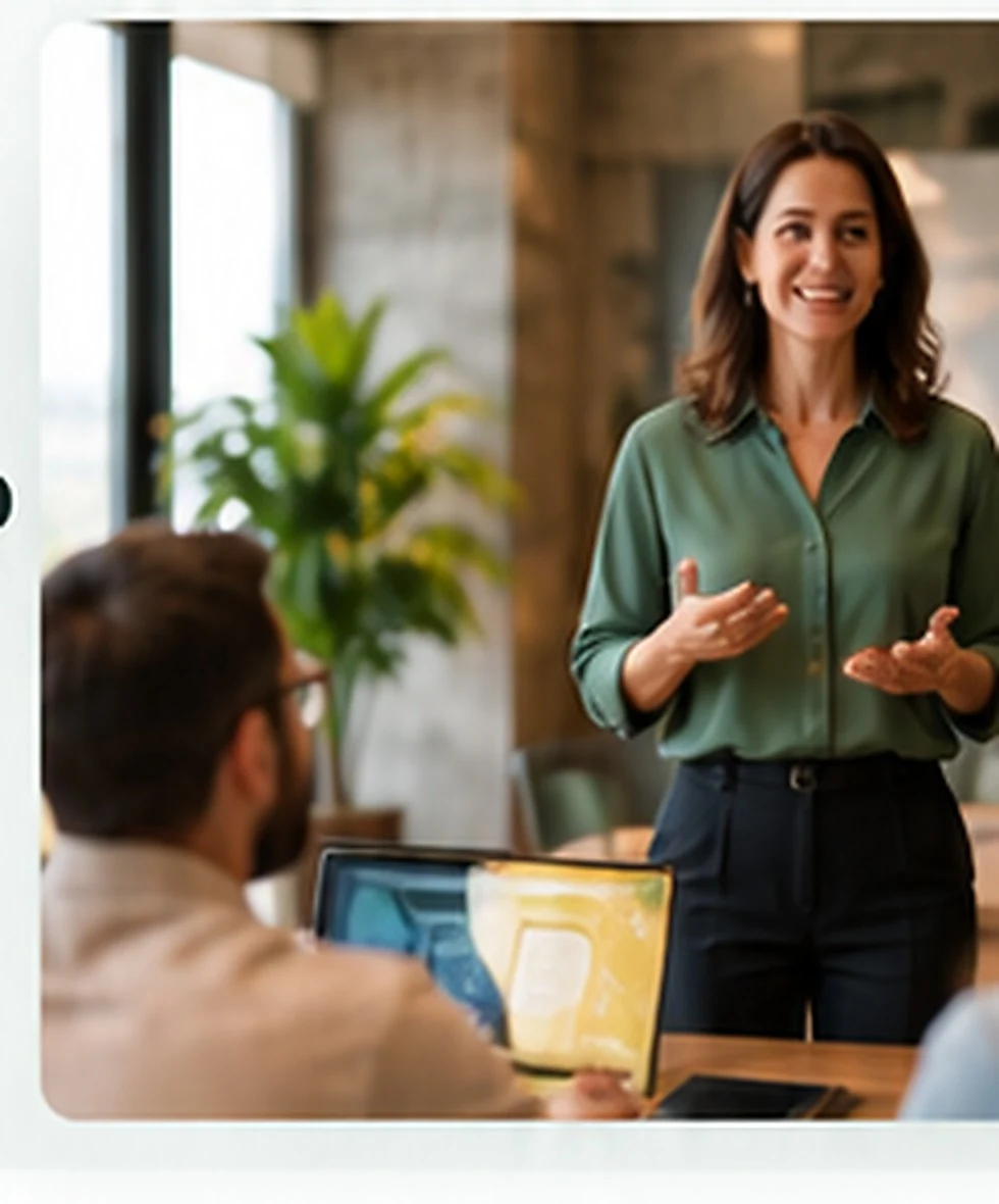 Liderança conduzindo conversa com equipe em ambiente corporativo