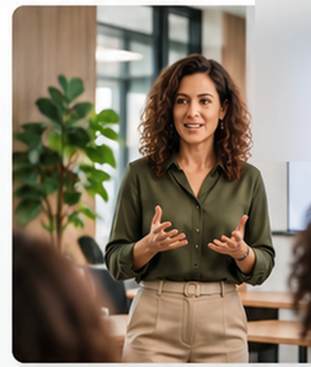 Facilitadora conduzindo conversa em ambiente corporativo